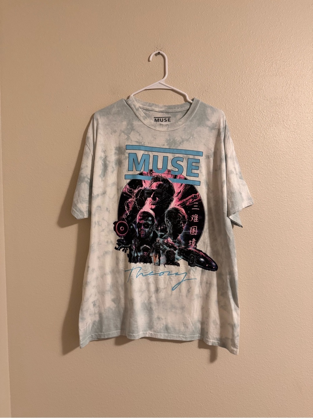 Muse Tie-Dye Band Tee in White and Light Blue with Pink/Black Graphic